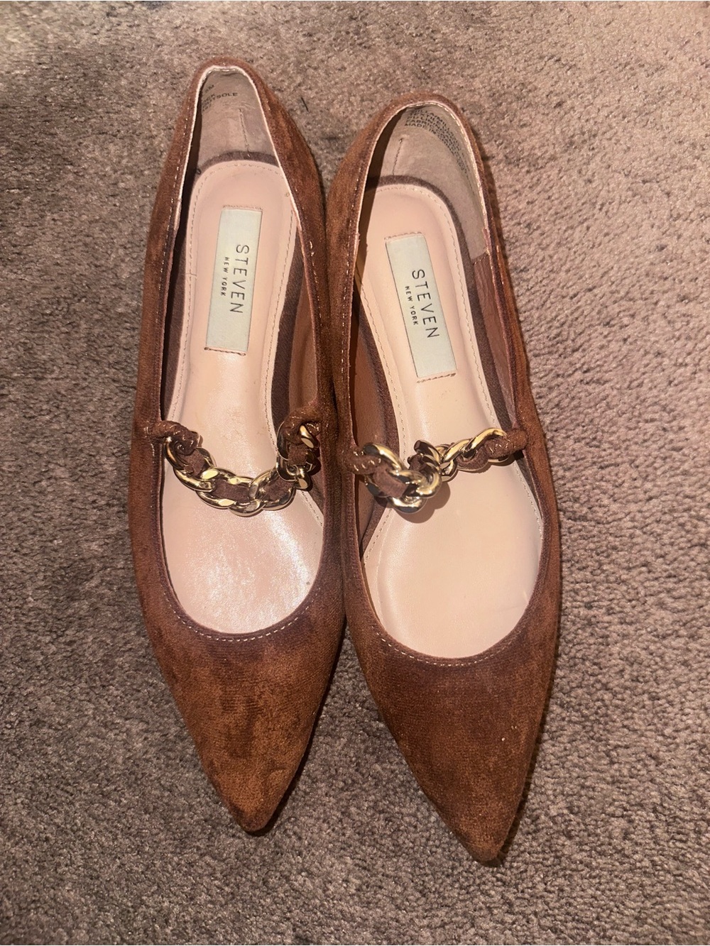 STEVEN by Steve Madden Brown Suede Pointed Flats with Gold Chain